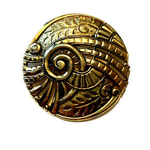 Vintage Gold Tone Repousse' Brooch Lg Shield Pin Etruscan Revival Style 70s Chic